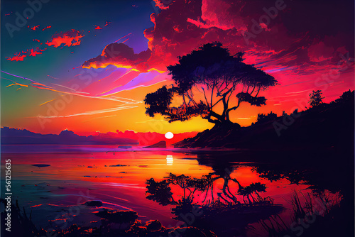 Epic Sunset - vibrant and colorful skies as the sun lowers under the horizon at dusk. Generative AI landscape with natural oil painting look