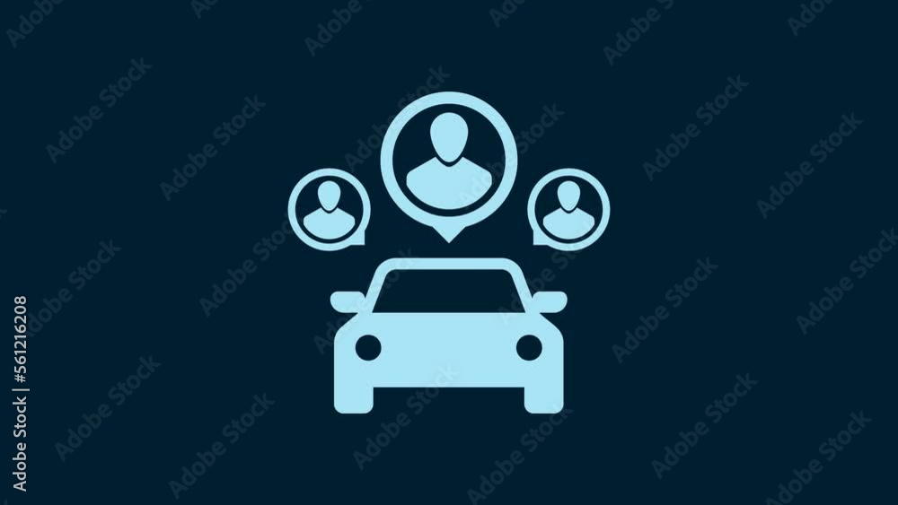 White Car sharing with group of people icon isolated on blue background. Carsharing sign. Transport renting service concept. 4K Video motion graphic animation White Car sharing with group of people icon isolated on blue background. Carsharing sign. Transport renting service concept. 4K Video motion graphic animation