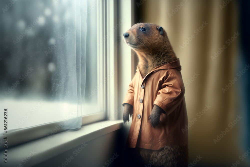 Cute groundhog in pajamas looks out the window behind the views of snow