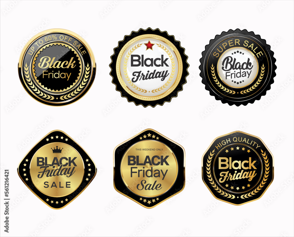 Collection of gold and black Black Friday badges and labels vector illustration 