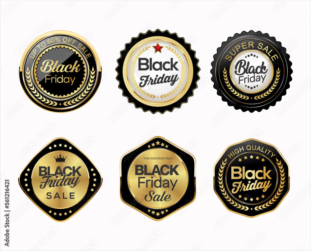 Collection of gold and black Black Friday badges and labels vector illustration Collection of gold and black Black Friday badges and labels vector illustration