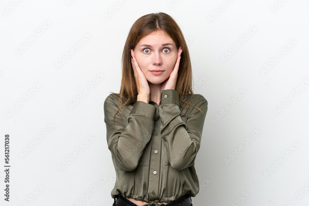 Young English woman isolated on white background frustrated and covering ears Young English woman isolated on white background frustrated and covering ears