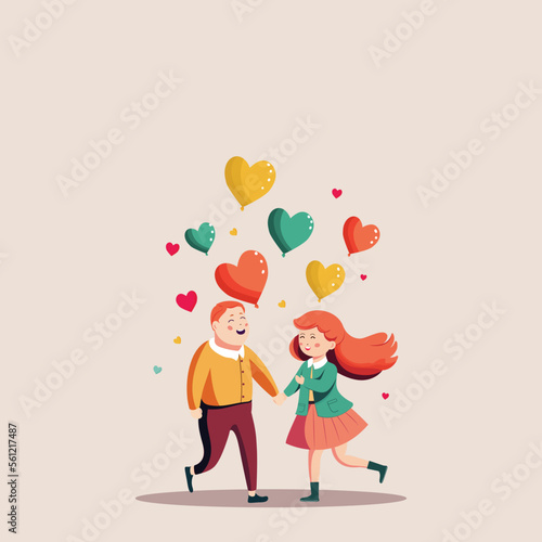 Cheerful Young Boy And Girl Character Holding Hands Together With Colorful Heart Balloons On Beige Background.