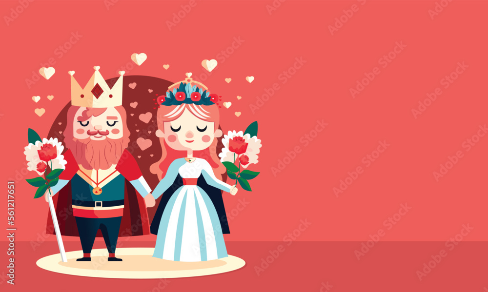 Cartoon Illustration Of King And Queen Holding Hands Together With Bouquet, Hearts On Red Background. Valentine's Day Concept.