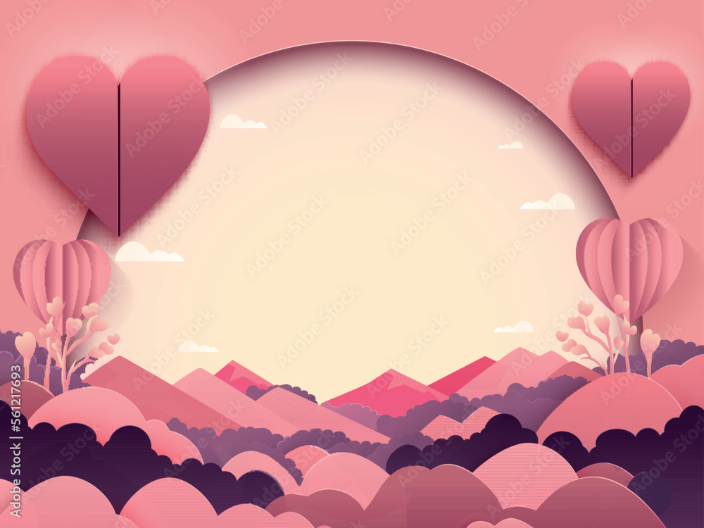 Paper Style Beautiful Landscape Background With Hearts And Copy Space.