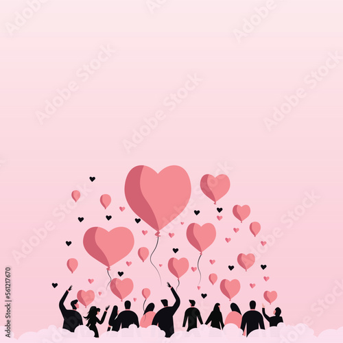 Rear View of People or Couples Enjoying With Balloons, Heart Shapes On Pastel Pink Background And Copy Space.