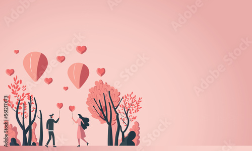 Cartoon Illustration of Young Couple Holding Heart Balloons And Nature View On Pink Background. Valentine's Day Concept.