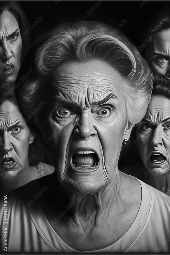 Very angry senior women. Portrait created with Generative AI.	