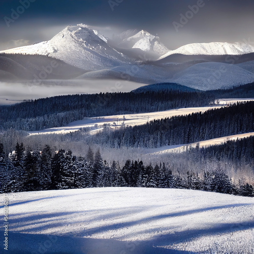Winter view of high mountains and snowy forest