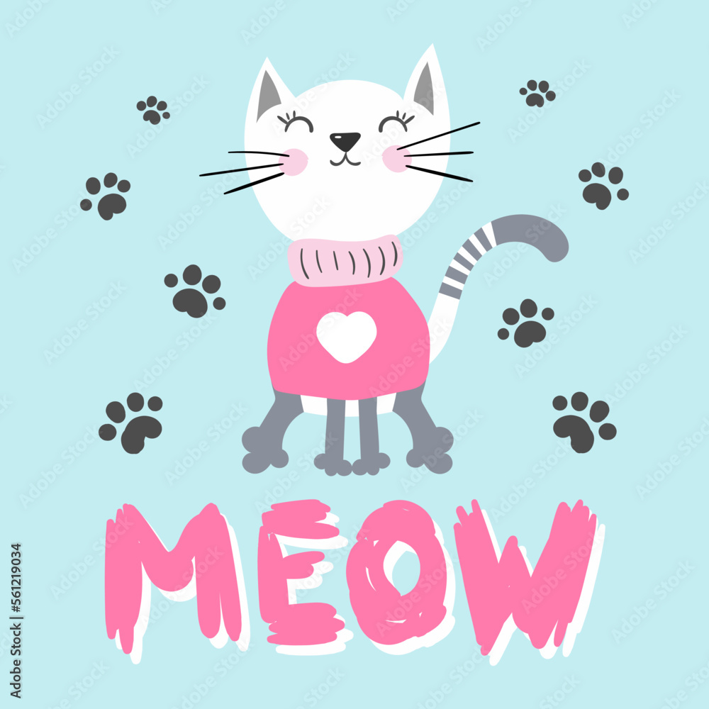Cute cat with lettering meow sweet white kitten in pink, paws
