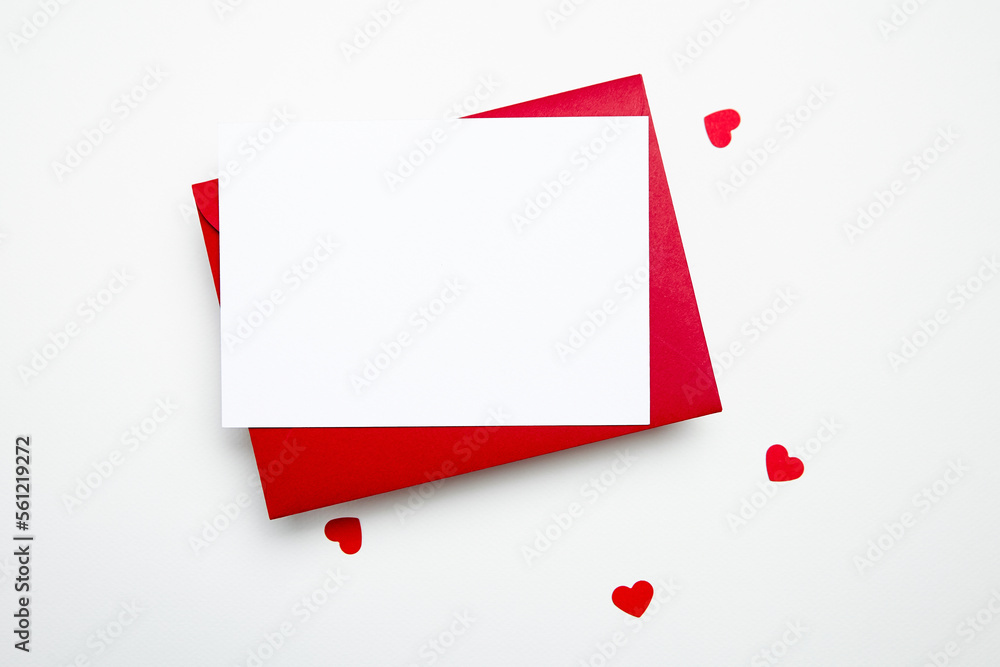 Valentine Day card mockup with hearts and red envelope on white background, top view, flat lay. Blank wedding invitation, flyer, greeting card mockup with holiday decor. Empty love letter Valentine Day card mockup with hearts and red envelope on white background, top view, flat lay. Blank wedding invitation, flyer, greeting card mockup with holiday decor. Empty love letter