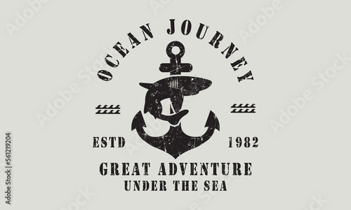 Ocean JourneyNautical Shark vintage logo set. Nautical emblems for t-shirt, banner, poster design. Anchor. Trendy Hipster design. Marine labels templates. Vector illustration