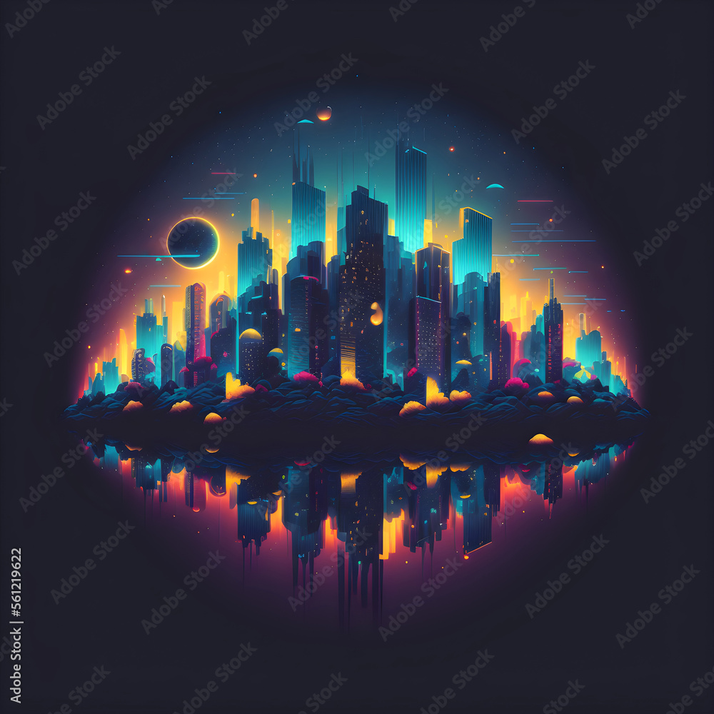 Colorful Night City Panorama Illustration. Flat Highrises and Skyscrappers. Cyber futuristic Design. Generative AI