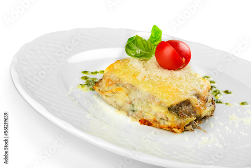 Tasty classic Italian lasagna dish on the plate