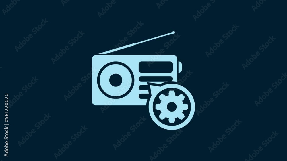 White Radio with antenna and gear icon isolated on blue background. Adjusting app, service concept, setting options, maintenance, repair, fixing. 4K Video motion graphic animation White Radio with antenna and gear icon isolated on blue background. Adjusting app, service concept, setting options, maintenance, repair, fixing. 4K Video motion graphic animation