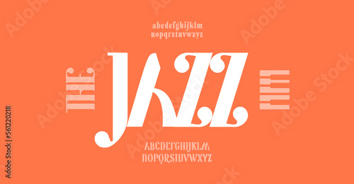 Jazz logo font, fashion minimal alphabet, elegant typeface. Bold high serif letters for luxury logo and headline. Classic vector typography