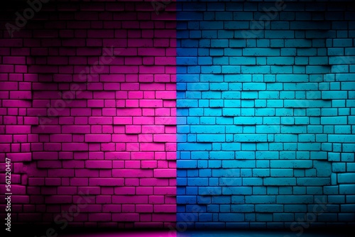 Modern futuristic blank brick wall background with neon lights. old grunge brick wall room background. generative ai