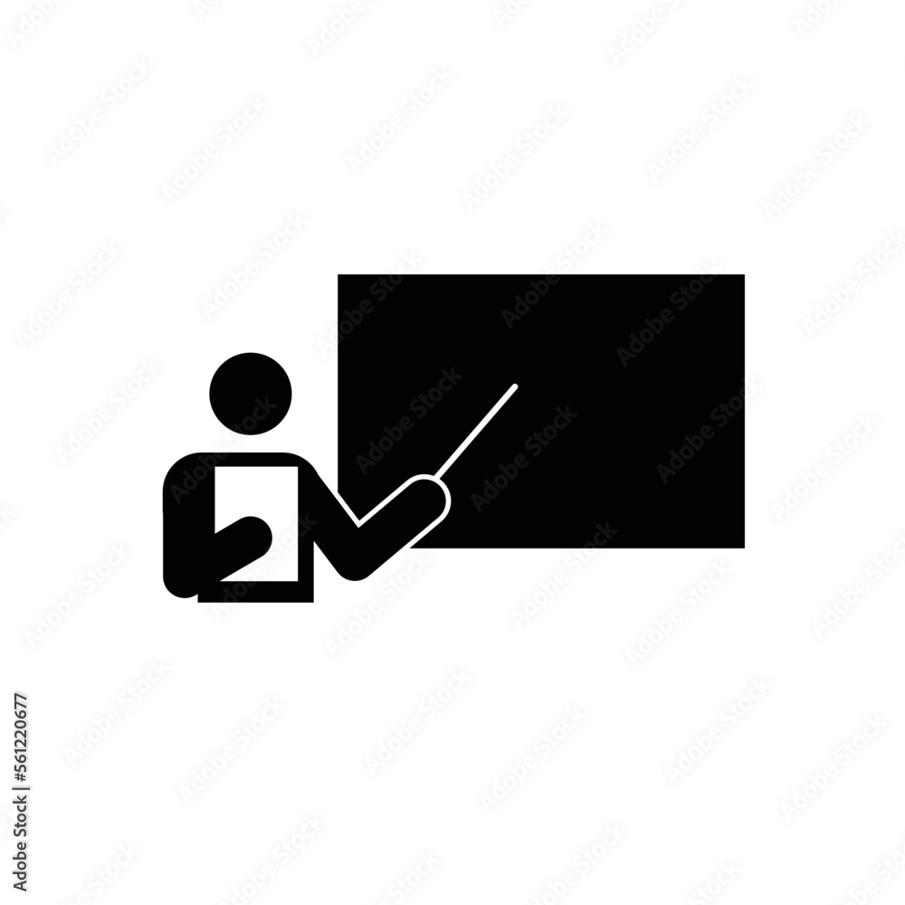 Character showing board with stick. Teacher showing school chalkboard. Employee during presentation showing board with pointer. Business presentation icon vector. Character showing board with stick. Teacher showing school chalkboard. Employee during presentation showing board with pointer. Business presentation icon vector.