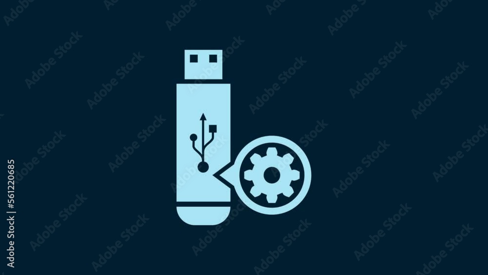 White USB flash drive and gear icon isolated on blue background. Adjusting app, service concept, setting options, maintenance, repair, fixing. 4K Video motion graphic animation White USB flash drive and gear icon isolated on blue background. Adjusting app, service concept, setting options, maintenance, repair, fixing. 4K Video motion graphic animation