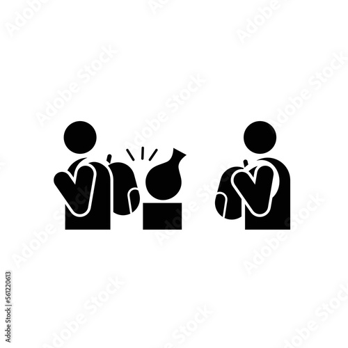 Carry your backpack in front in museums icon symbol.. Man hitting a museum vase with his backpack. Museum security notice. Caution fragile pieces in museum. Keep your bag on front symbol.