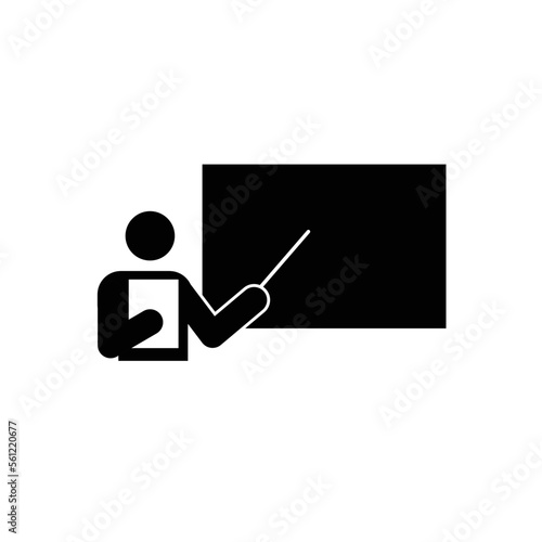 Character showing board with stick. Teacher showing school chalkboard. Employee during presentation showing board with pointer. Business presentation icon vector.