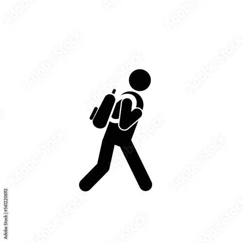 Character man walking with backpack icon vector.Student or tourist going hiking with backpack side view symbol.