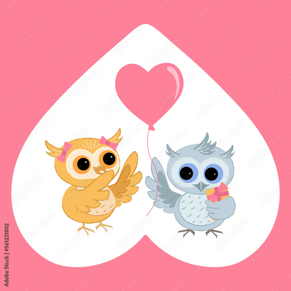 An owl gives a balloon and a gift to his girlfriend on Valentine's Day. Vector illustration for book cover or greeting card. An owl gives a balloon and a gift to his girlfriend on Valentine's Day. Vector illustration for book cover or greeting card.
