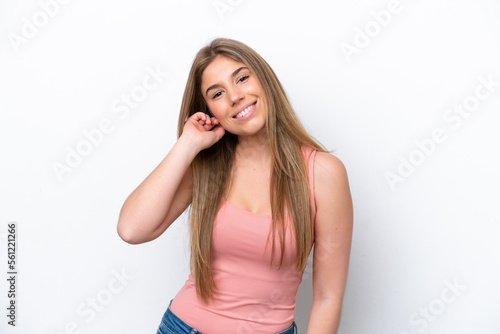 Young caucasian woman isolated on white bakcground laughing