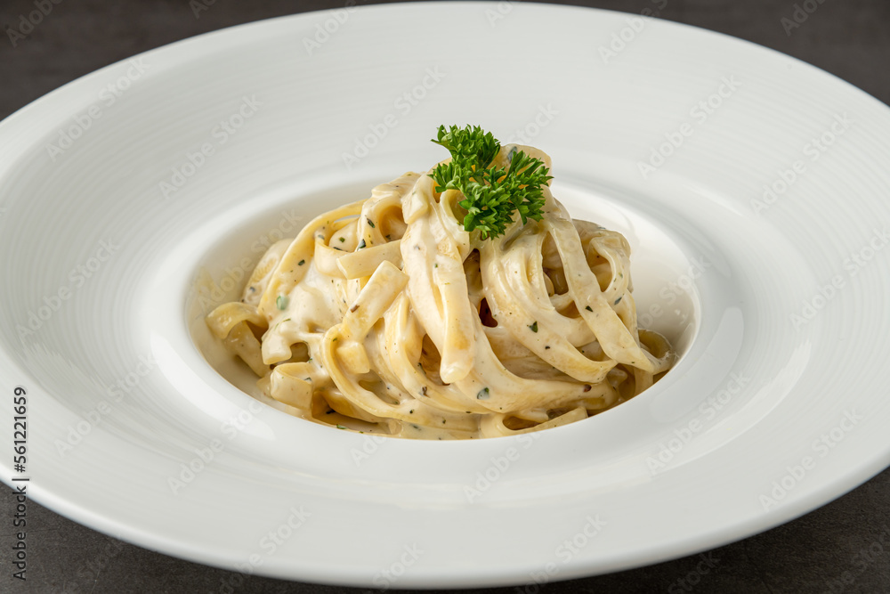 Freshly made fettucini alfredo on a white porcelain plate Freshly made fettucini alfredo on a white porcelain plate