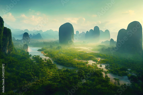 Aerial view of river in forest with mountain as Asian landscape panorama (Generative AI)