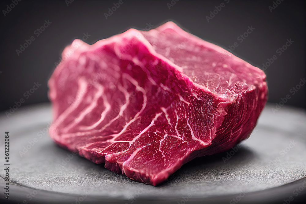 Raw beef steak meat uncooked on plate in kitchen (Generative AI) Raw beef steak meat uncooked on plate in kitchen (Generative AI)
