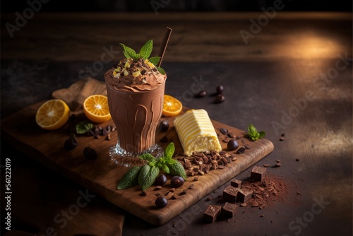 Chocolate Smoothie with chocolate ingredients on wooden kitchen board. Generative AI