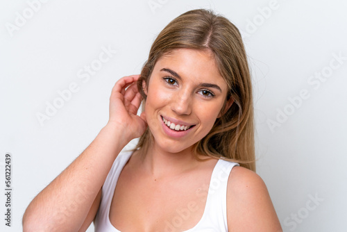 Wallpaper Mural Young caucasian woman isolated on white background with happy expression. Close up portrait Torontodigital.ca