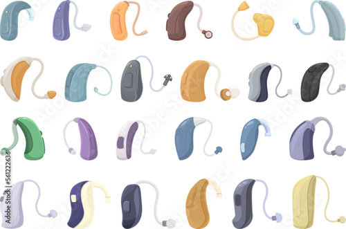 Hearing aid icons set cartoon vector. Ear volume. Loud health