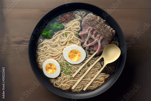 Tonkotsu noodles. Ramen with bones from pork. Generative AI photo