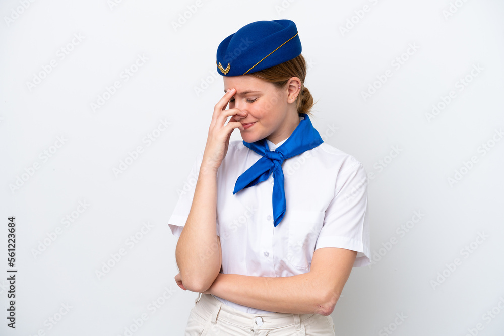 Airplane stewardess woman isolated on white background laughing
