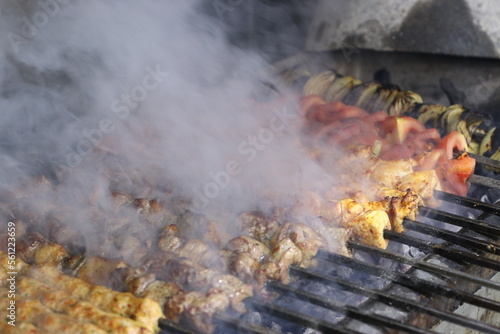 Grilling Meat on Fire - BBQ Grills and Smoking Beef Skewered Shish Kebabs Photos