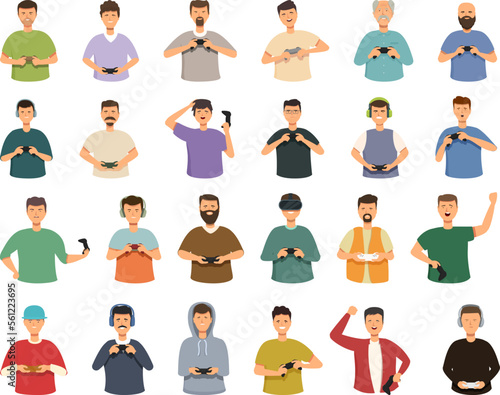 Men playing video games icons set cartoon vector. Virtual gamer. People online