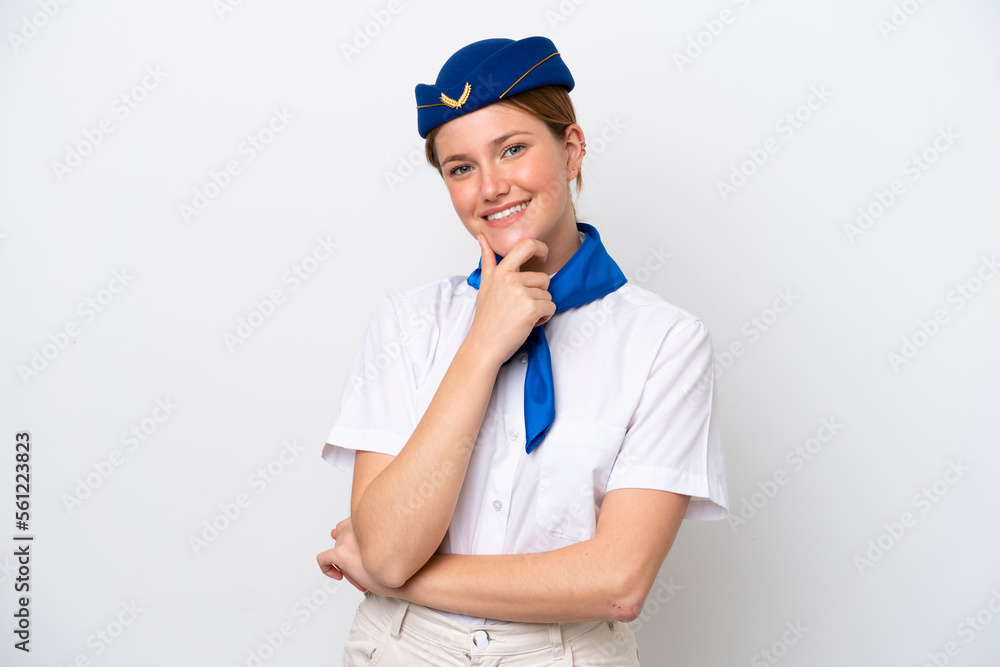 Airplane stewardess woman isolated on white background smiling