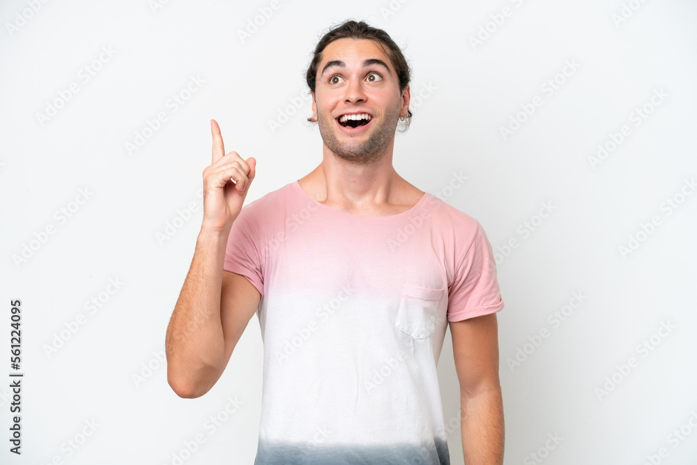 Caucasian handsome man isolated on white background thinking an idea pointing the finger up Caucasian handsome man isolated on white background thinking an idea pointing the finger up