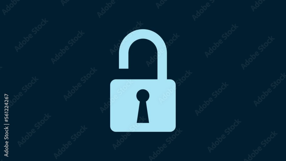 White Open padlock icon isolated on blue background. Opened lock sign. Cyber security concept. Digital data protection. Safety safety. 4K Video motion graphic animation White Open padlock icon isolated on blue background. Opened lock sign. Cyber security concept. Digital data protection. Safety safety. 4K Video motion graphic animation