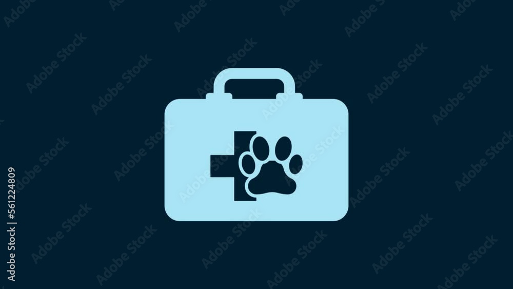 White Pet first aid kit icon isolated on blue background. Dog or cat paw print. Clinic box. 4K Video motion graphic animation White Pet first aid kit icon isolated on blue background. Dog or cat paw print. Clinic box. 4K Video motion graphic animation