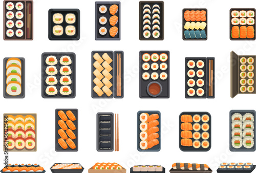 Sushi to go icons set cartoon vector. Food package. Box takeaway