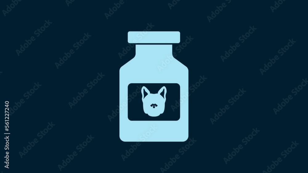 White Dog medicine bottle icon isolated on blue background. Container with pills. Prescription medicine for animal. 4K Video motion graphic animation White Dog medicine bottle icon isolated on blue background. Container with pills. Prescription medicine for animal. 4K Video motion graphic animation