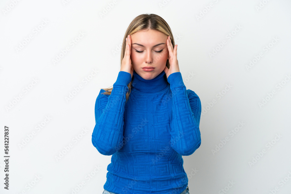 Young caucasian woman isolated on white background with headache Young caucasian woman isolated on white background with headache