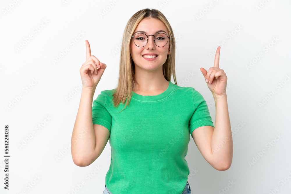 Young caucasian woman isolated on white background pointing up a great idea Young caucasian woman isolated on white background pointing up a great idea
