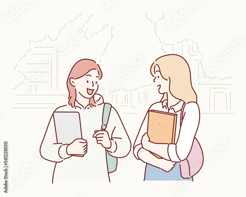 Young student going to college class, walking trough university campus. Hand drawn style vector design illustrations.