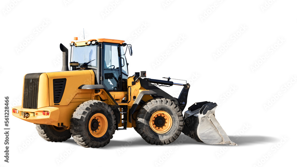 Large wheeled front loader or bulldozer on a white isolated background. construction machinery. Element for design. Transportation and movement of bulk materials. Excavation. Large wheeled front loader or bulldozer on a white isolated background. construction machinery. Element for design. Transportation and movement of bulk materials. Excavation.