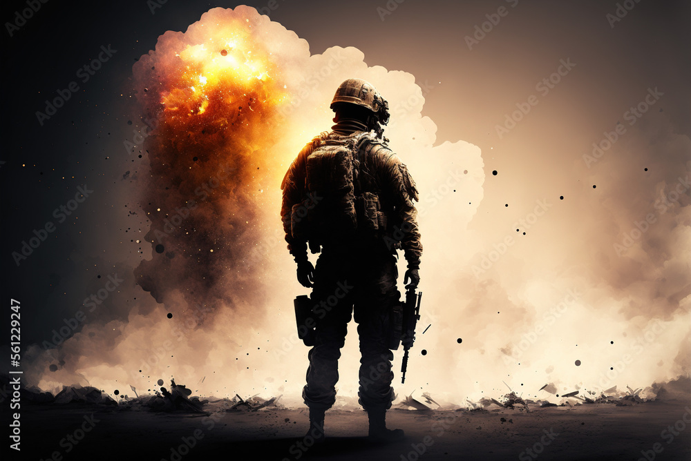 Male Army soldier in uniform with a rifle in action. Great explosion with fire and smoke. Heavy explosions, fire and smoke billowing on background. Cinematic back view Male Army soldier in uniform with a rifle in action. Great explosion with fire and smoke. Heavy explosions, fire and smoke billowing on background. Cinematic back view