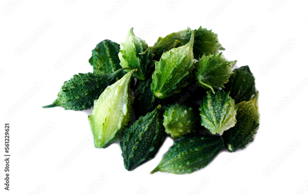 Pile of organic bitter gourd fruits on white background. Concept, Thai